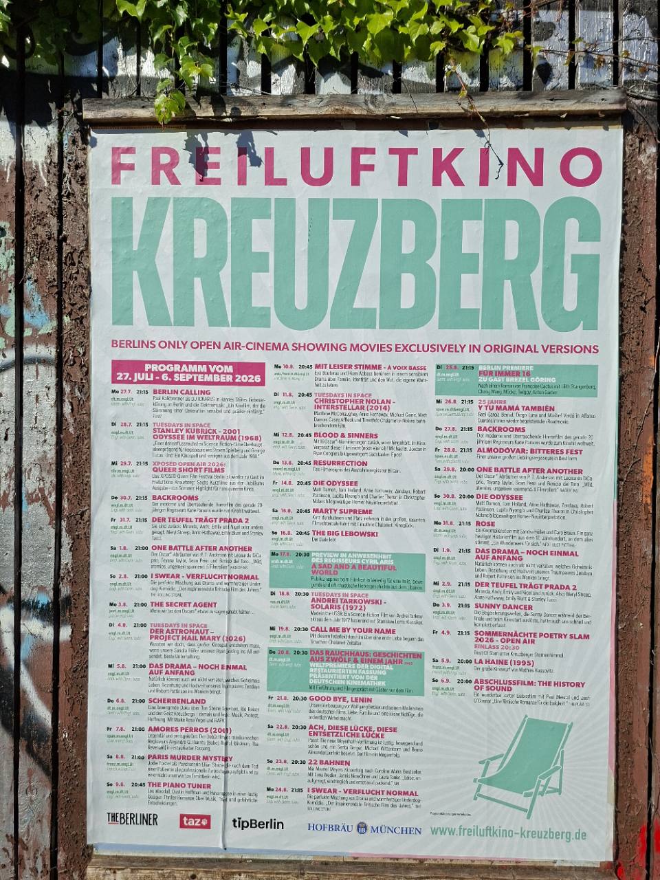 Freiluftkino Kreuzberg's 2026 printed programme on a wall