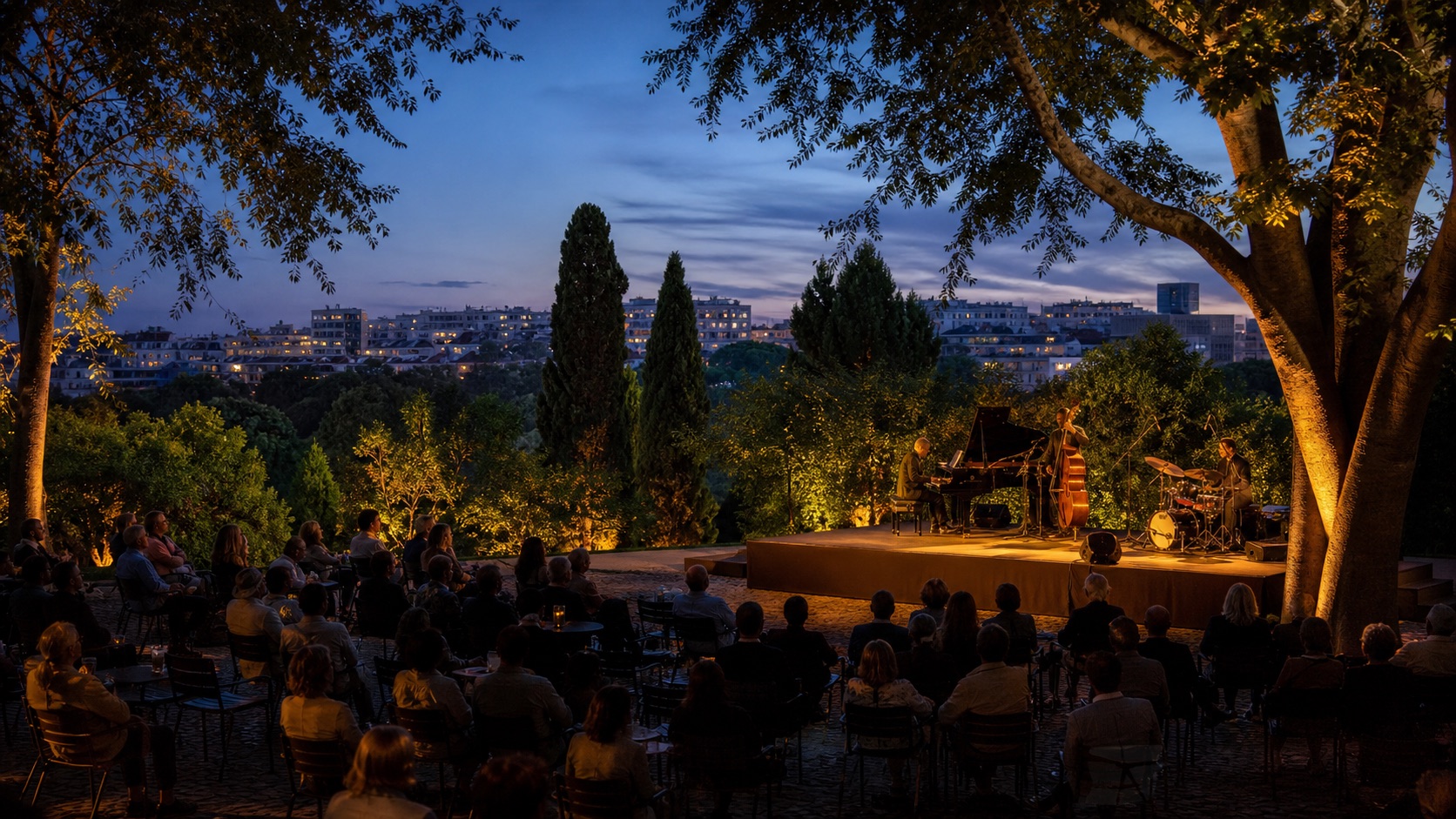 Outdoor jazz concert in Lisbon at blue hour, with a seated audience in a garden.
