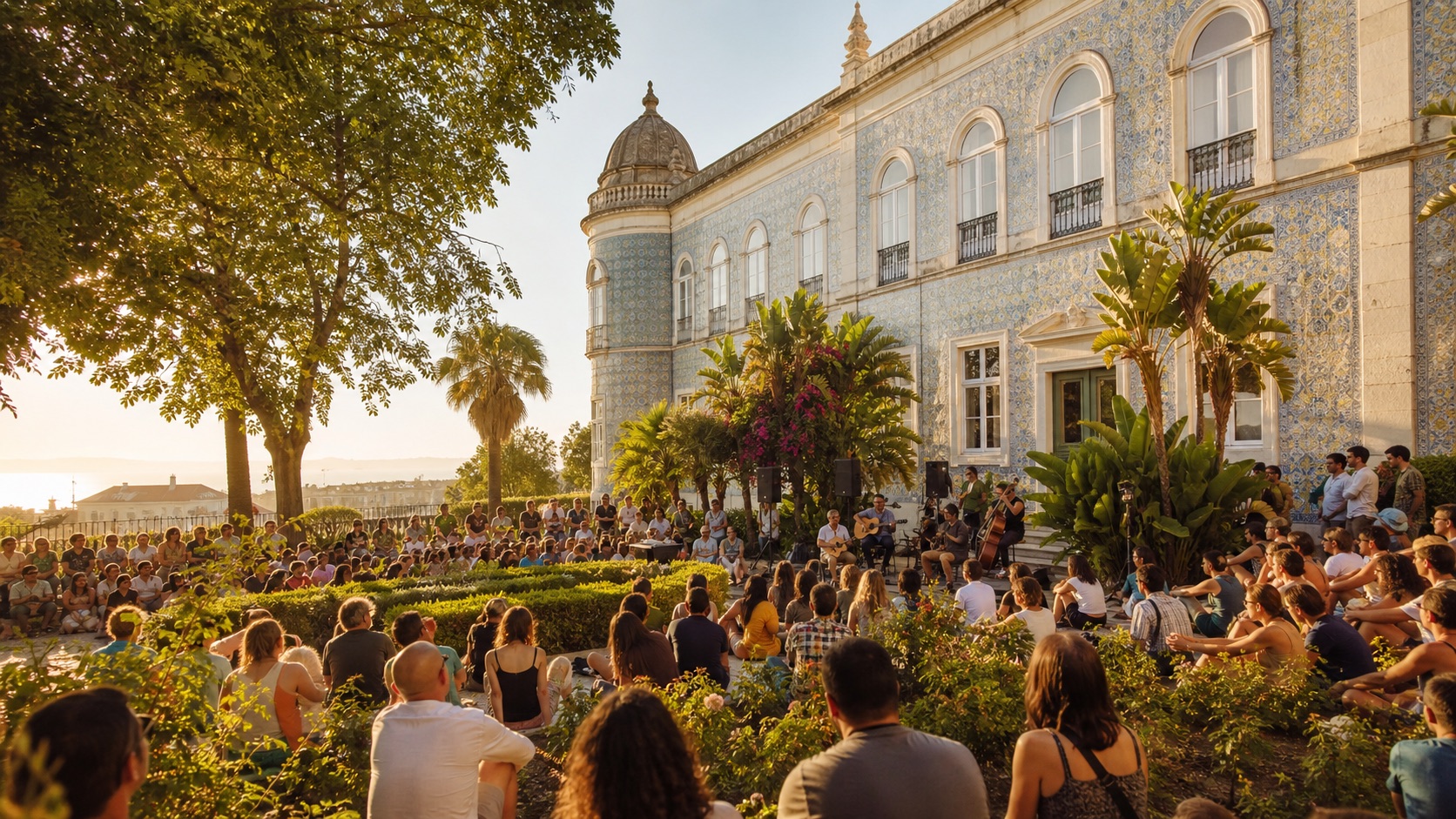 People enjoying an outdoor garden concert beside a tiled Lisbon palace at sunset.