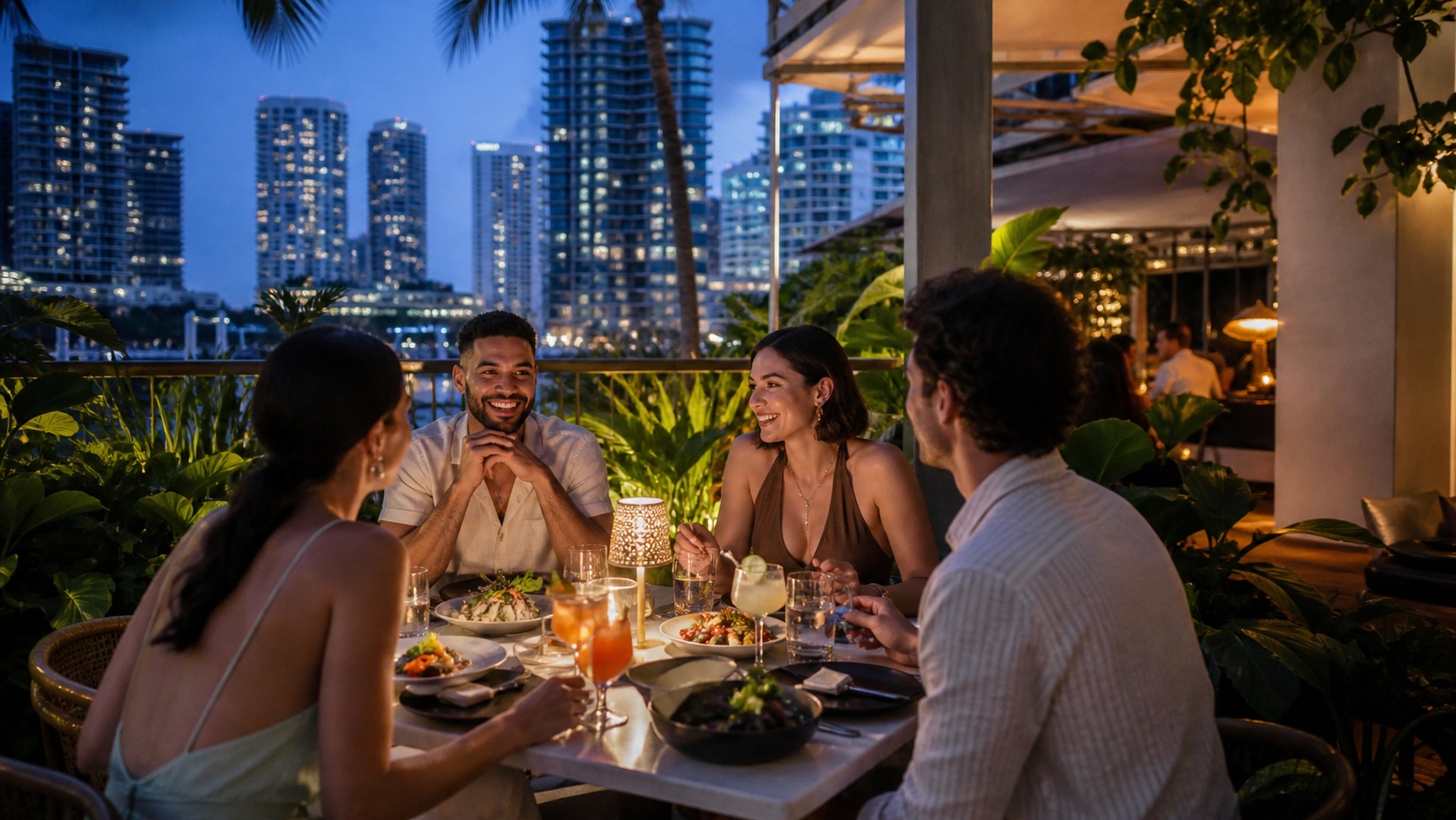 Friends sharing dinner on a tropical terrace in Miami at blue hour.