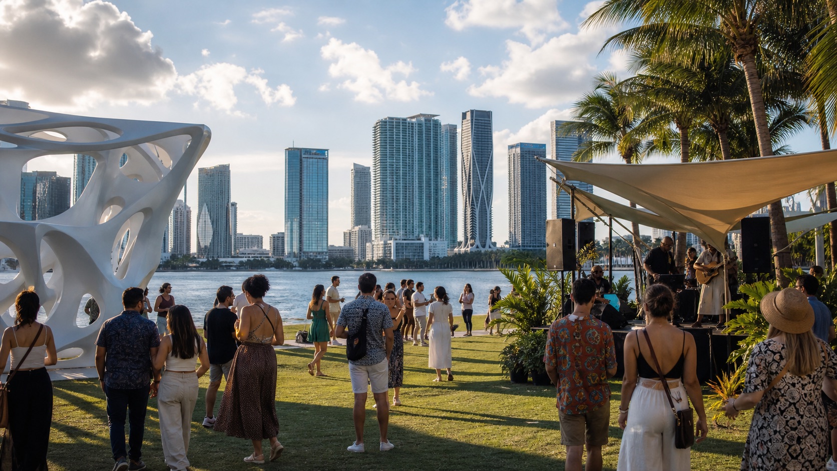 Visitors enjoying an outdoor waterfront cultural event in Miami.