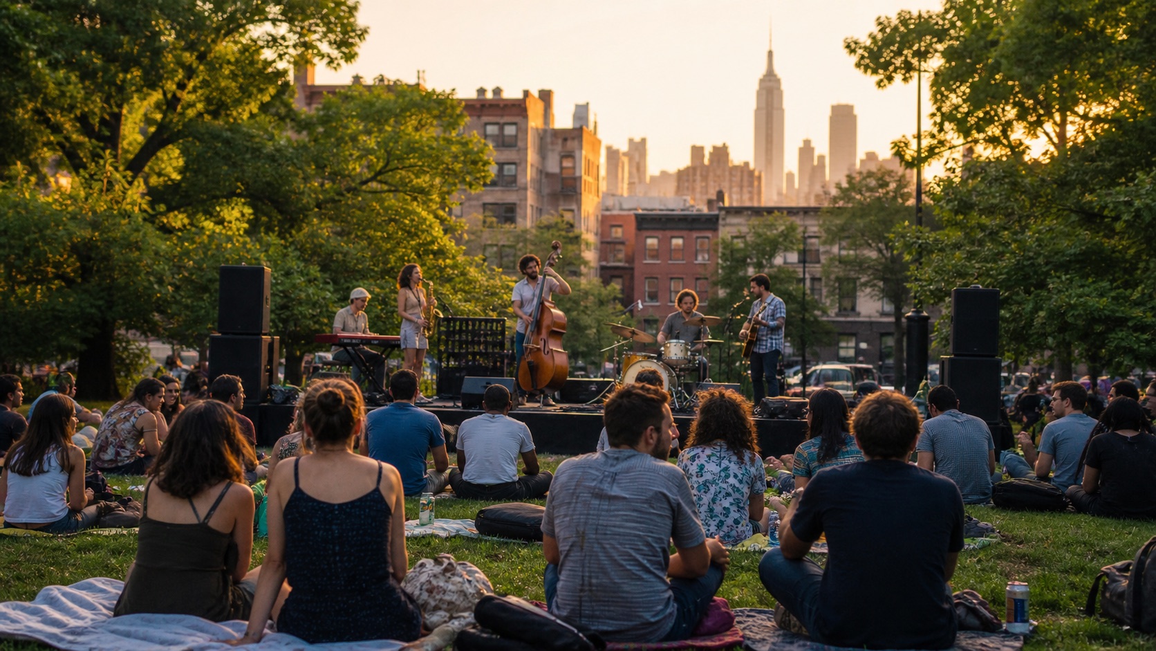 Outdoor summer concert in a New York neighborhood park at golden hour.