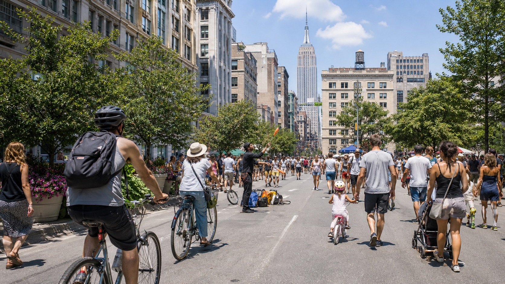 New Yorkers enjoying a car-free summer street festival in Manhattan.