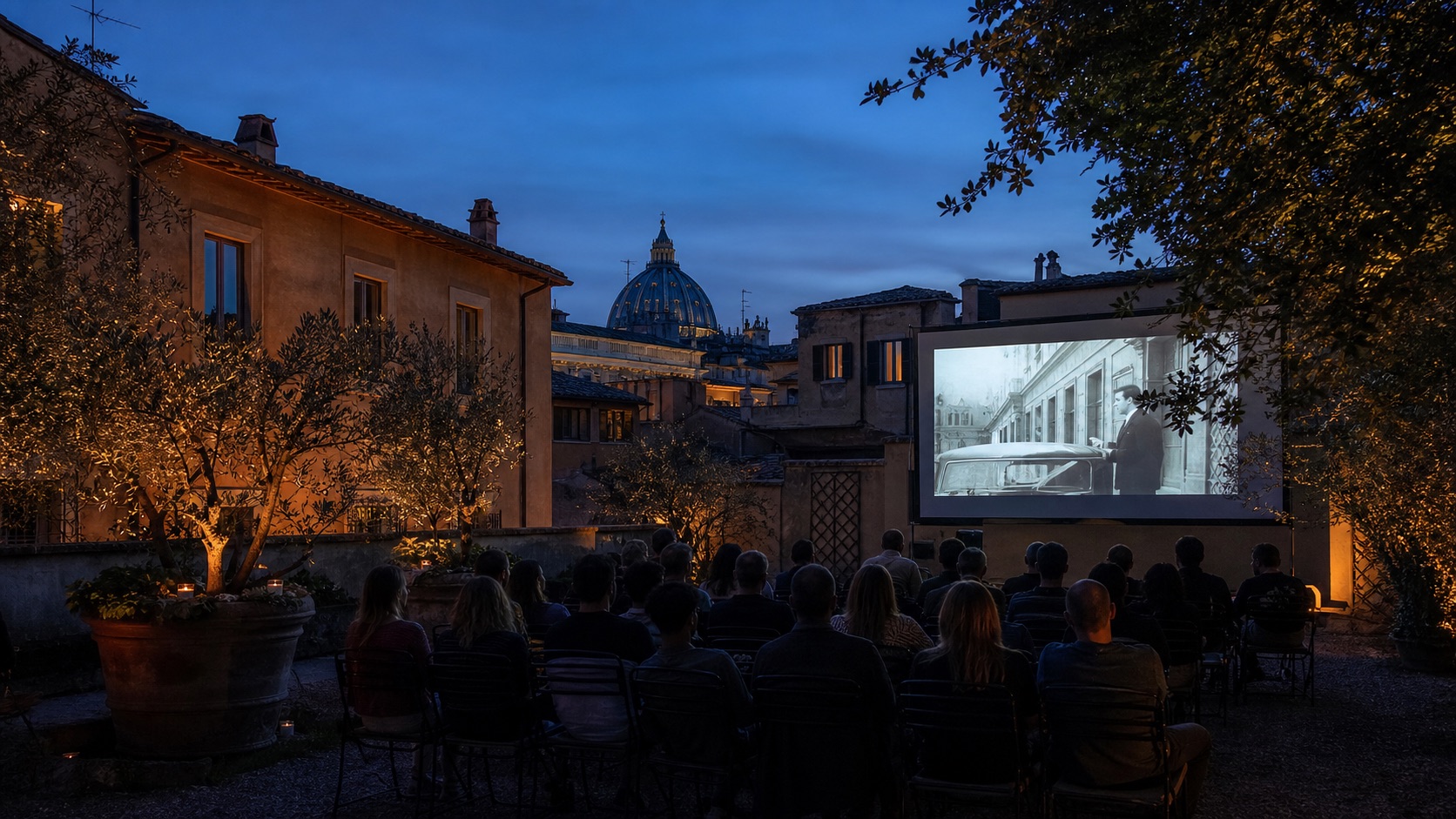 Outdoor cinema audience in a Rome courtyard at blue hour.