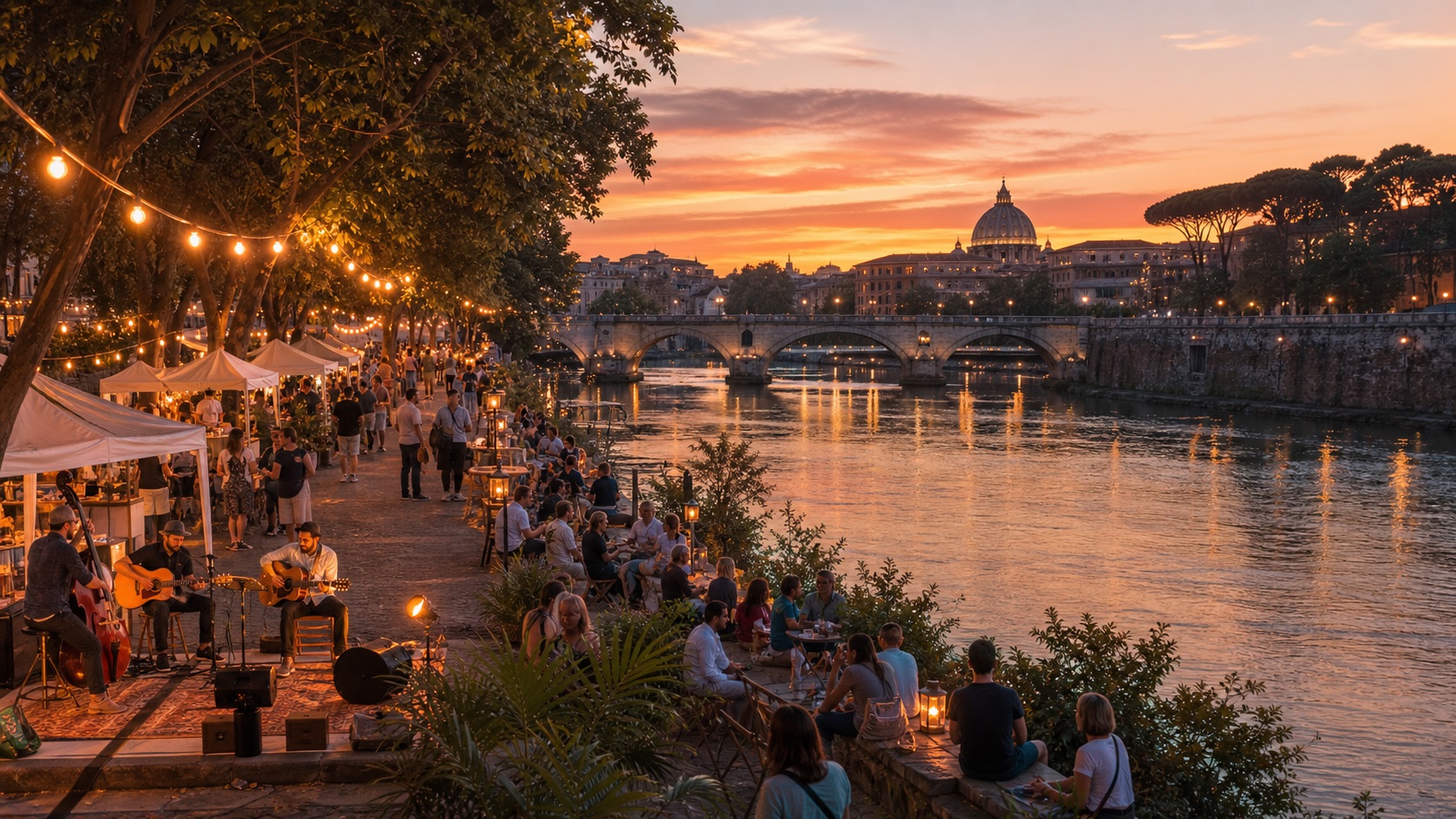 People enjoying a summer cultural festival on Rome's Tiber riverbank at sunset.